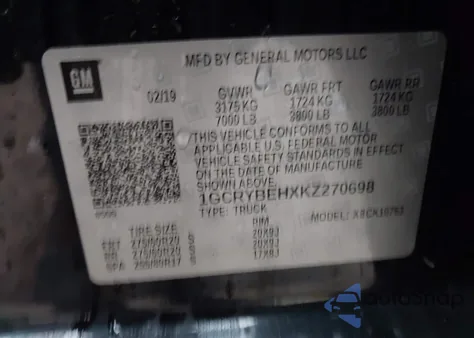 2019 Chevrolet Silverado 1500 Custom from USA, damaged, VIN 1GCRYBEHXKZ270698